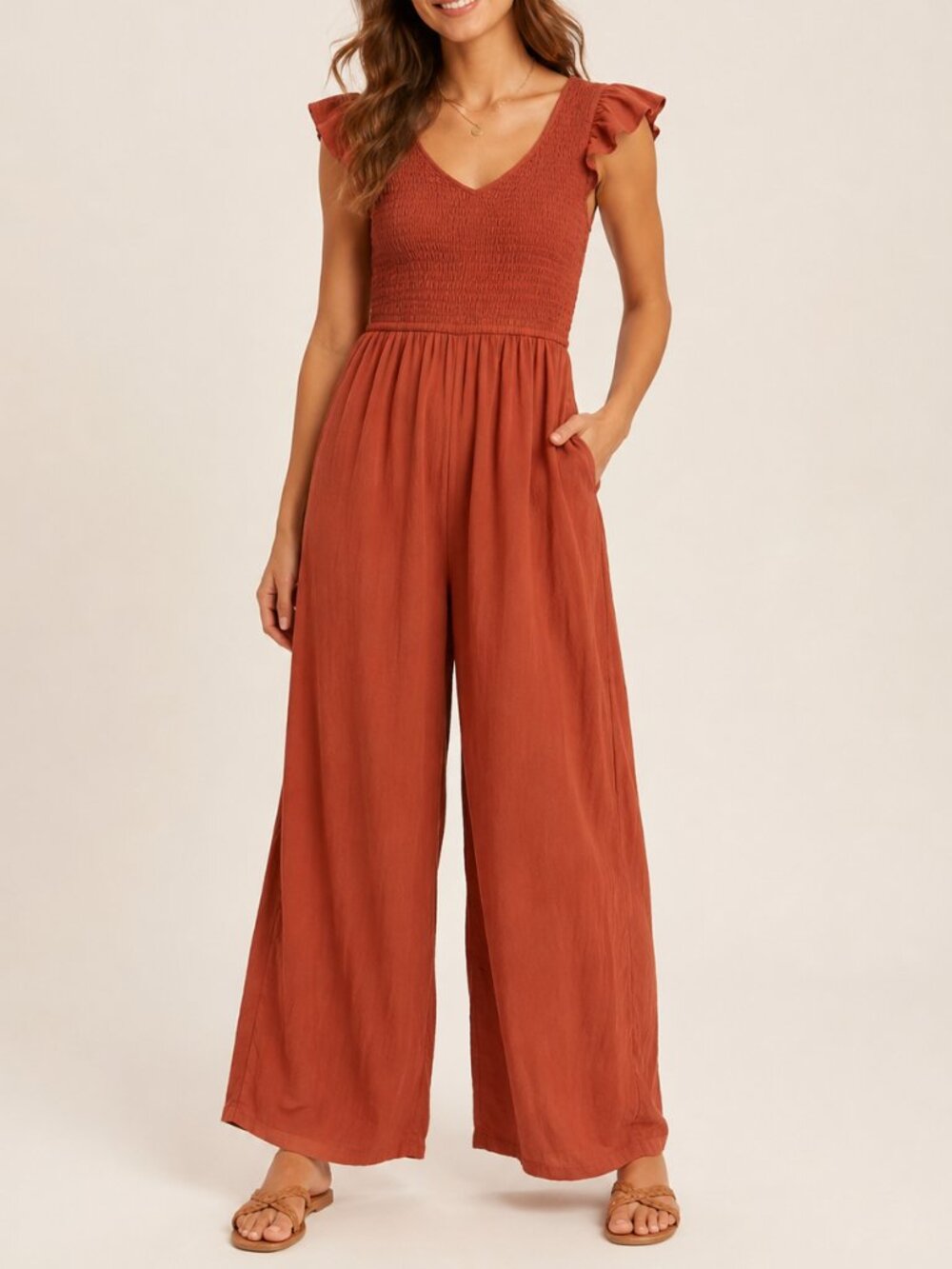 Jessica Simpson Rust Boho Smocked Jumpsuit | Flutter Sleeve Wide Leg Pockets